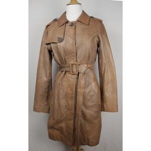 GAP Leather Trench Coat Womens S Cognac Brown Belted Jacket Minimalist